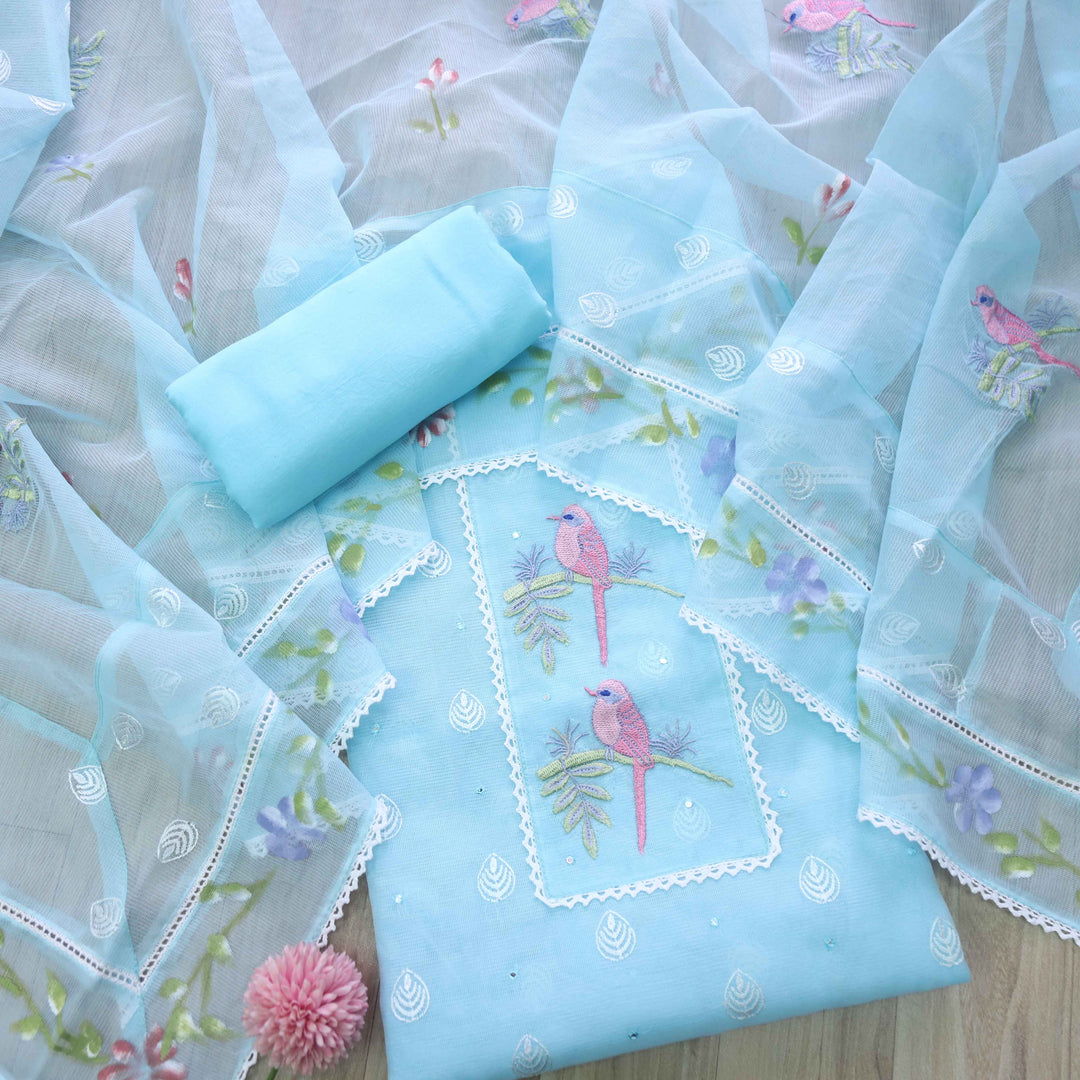 Gulbahar Sky Blue Bird Thread Work with Lace Kota Doriya Suit Set