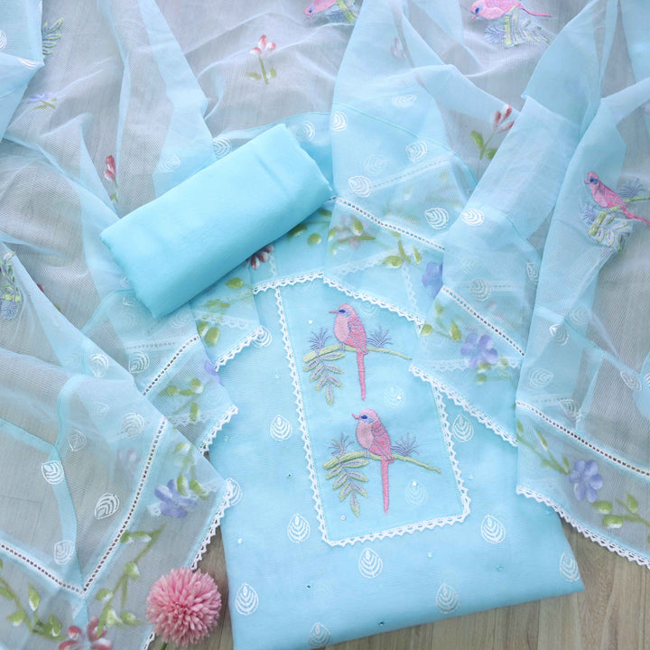 Gulbahar Sky Blue Bird Thread Work with Lace Kota Doriya Suit Set