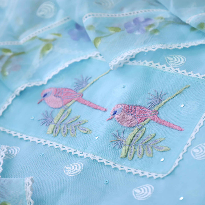 Gulbahar Sky Blue Bird Thread Work with Lace Kota Doriya Suit Set
