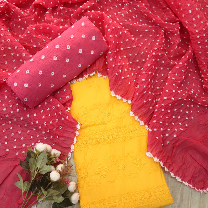 Rashq Pineapple Yellow French Knot Thread Work Cotton Suit Set