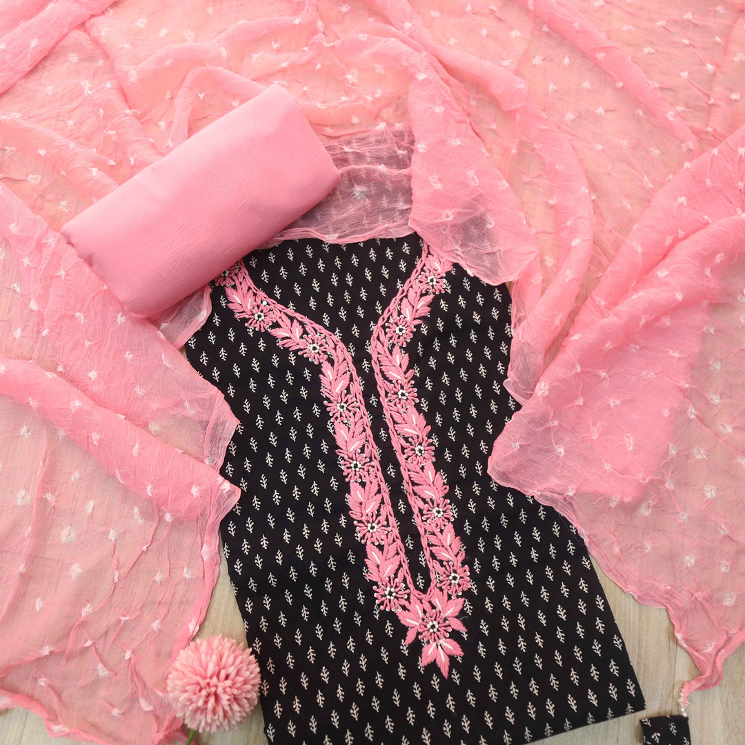 Raavi Coal Black Printed Cotton Top With Bandhej Work Chiffon Dupatta