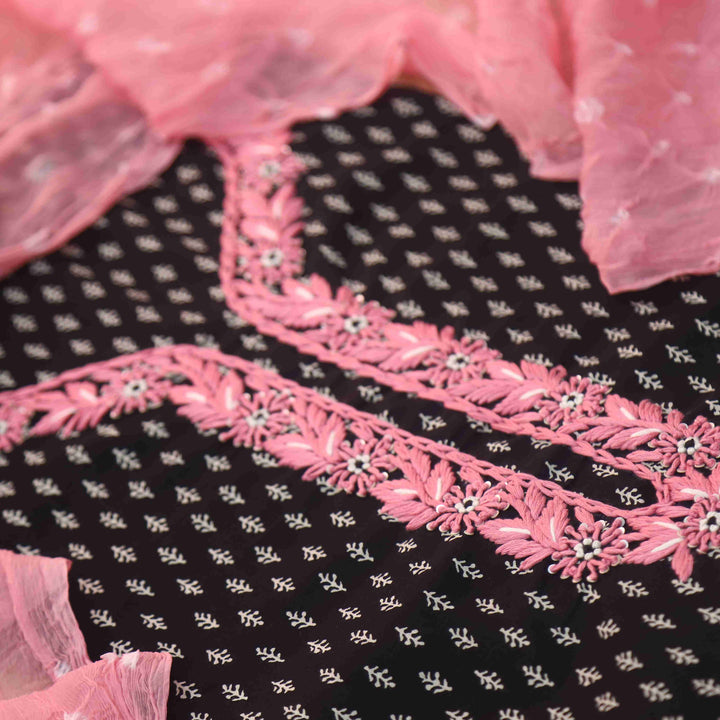 Raavi Coal Black Printed Cotton Top With Bandhej Work Chiffon Dupatta