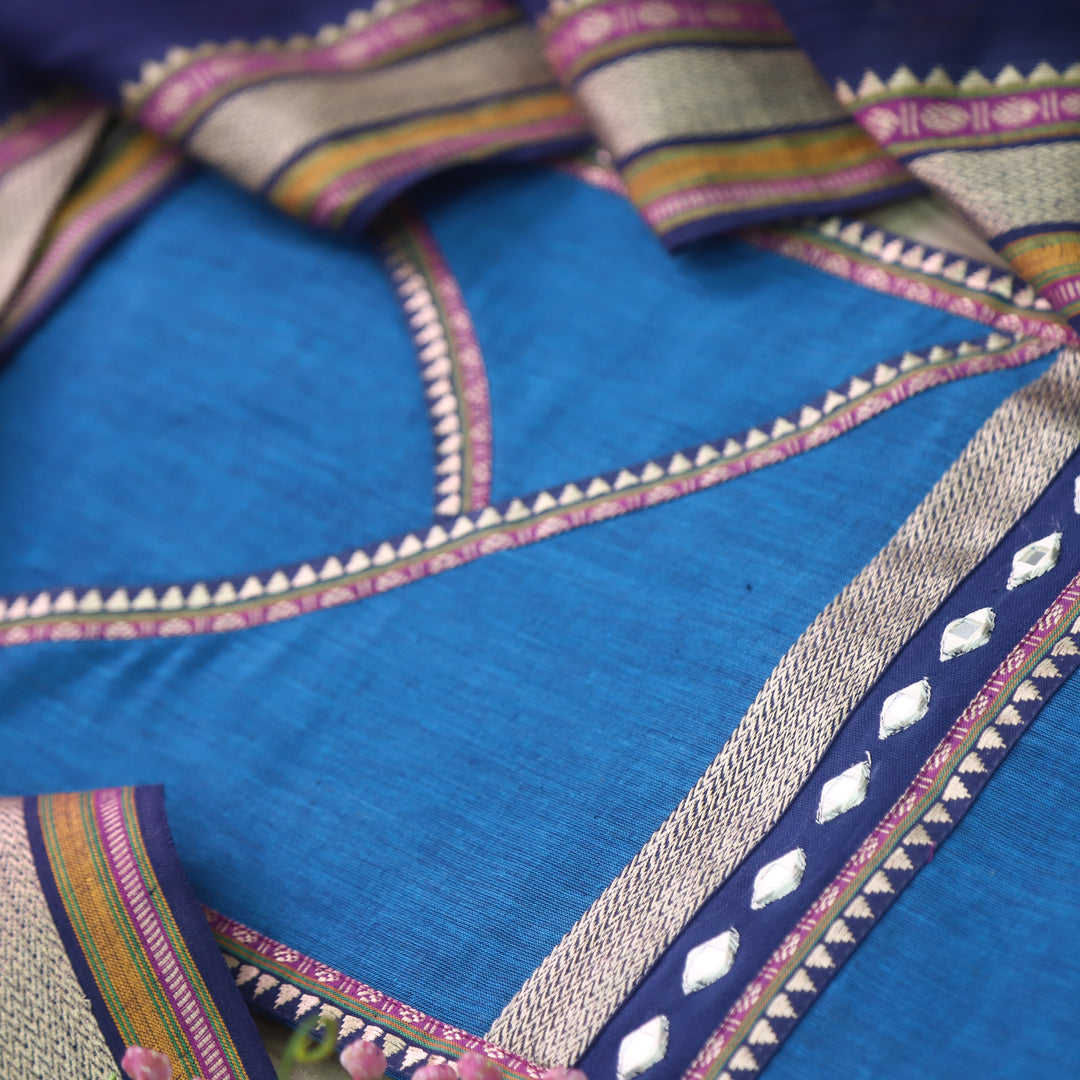 Rubi Sapphire Blue Angrakha Style Neck South Cotton Temple Hem Suit Set