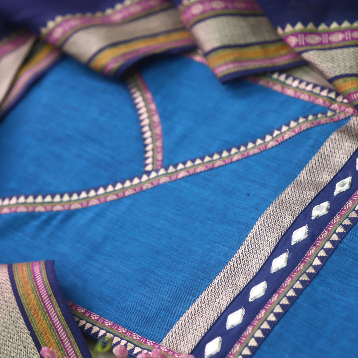 Rubi Sapphire Blue Angrakha Style Neck South Cotton Temple Hem Suit Set