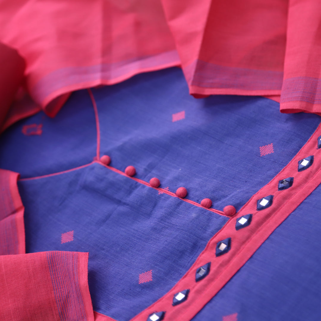 Rubi Neon Blue Mirror Work Neck Thread Weaved South Cotton Suit Set
