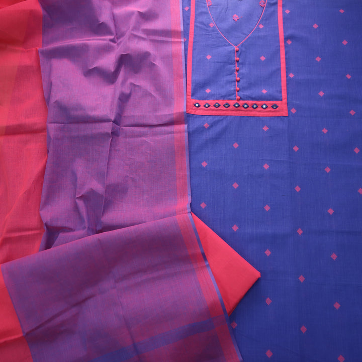 Rubi Neon Blue Mirror Work Neck Thread Weaved South Cotton Suit Set