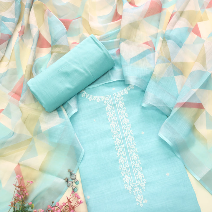 Gujaarish Aqua Blue Cross-Stitch Embroidery  Neck Cotton Linen Suit Set