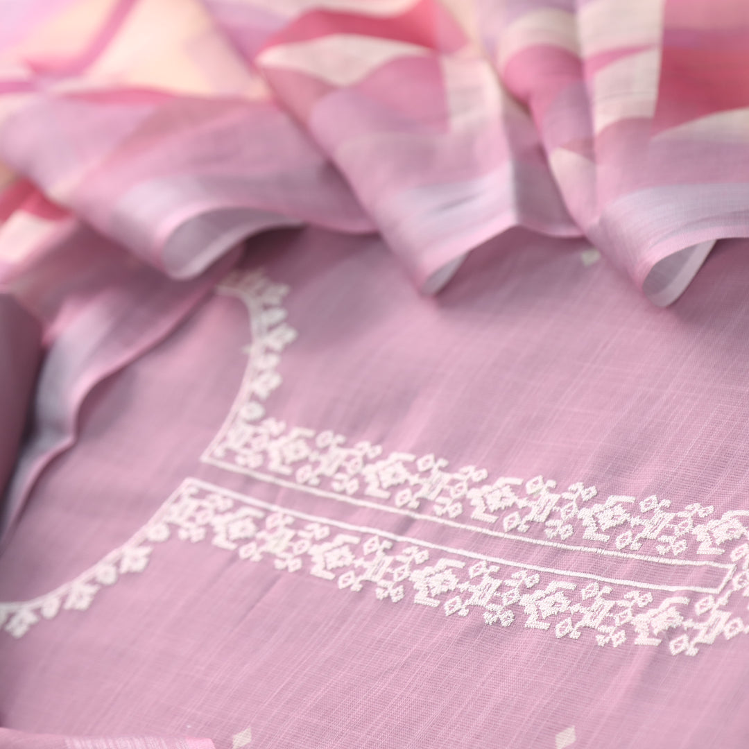 Gujaarish Mauve Purple Cross-Stitch Embroidery  Neck Cotton Linen Suit Set