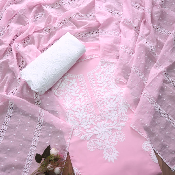 Apurav Soft Candy Pink Chikankari inspired Neck Work Cotton Suit Set