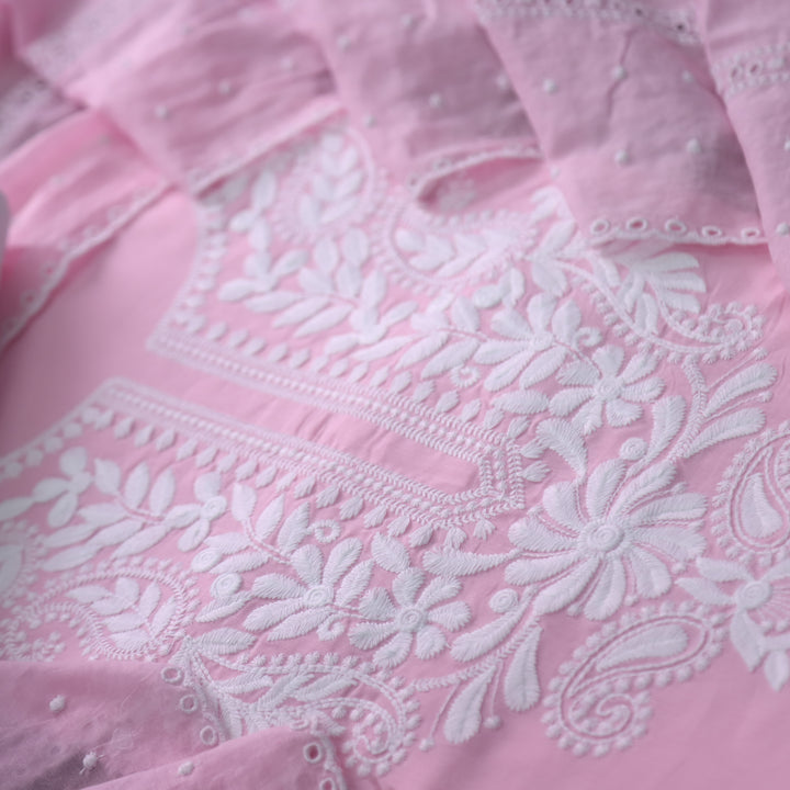 Apurav Soft Candy Pink Chikankari inspired Neck Work Cotton Suit Set