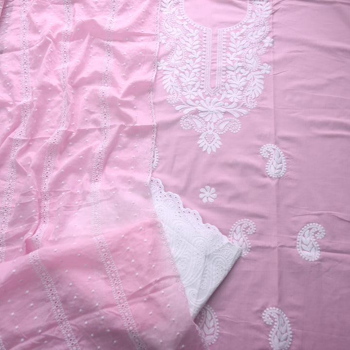 Apurav Soft Candy Pink Chikankari inspired Neck Work Cotton Suit Set