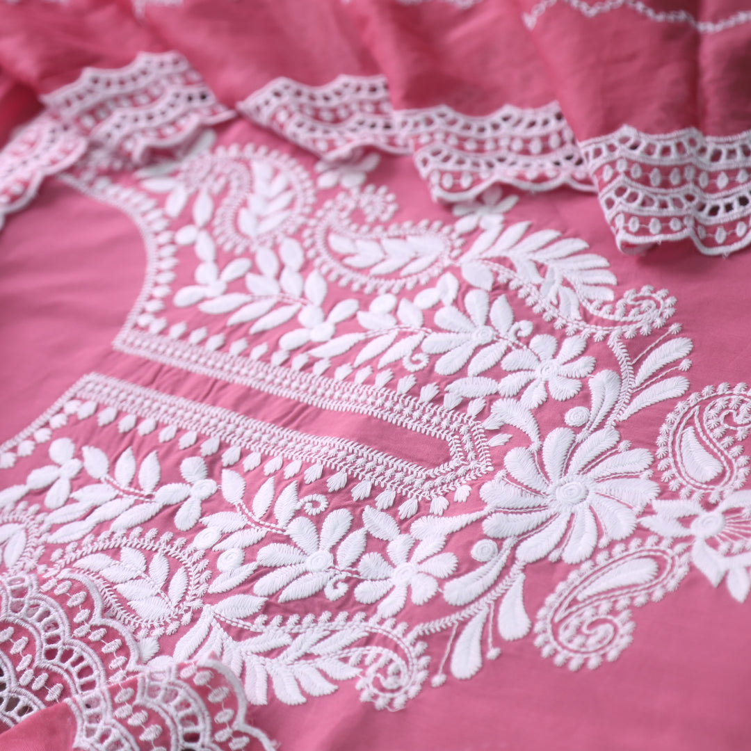 Apurav Mauve Pink Chikankari inspired Neck Work Cotton Suit Set