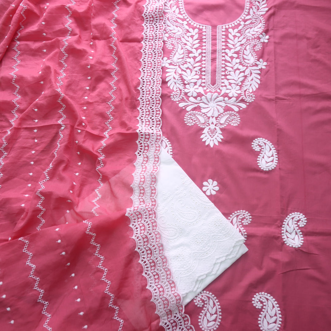 Apurav Mauve Pink Chikankari inspired Neck Work Cotton Suit Set