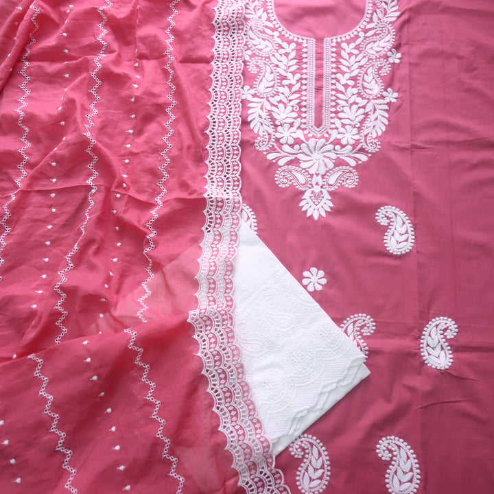 Apurav Mauve Pink Chikankari inspired Neck Work Cotton Suit Set
