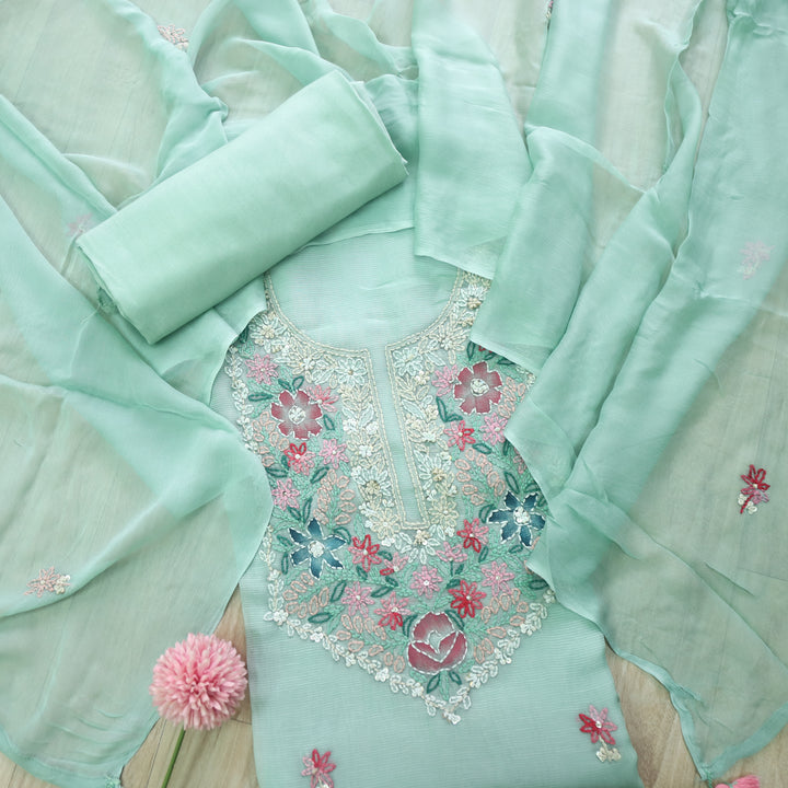 Roobi Mint Green Hand Chikankari Work Semi Georgette Kota Doriya Suit Set