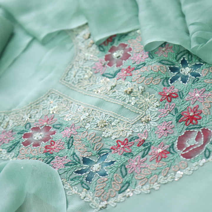 Roobi Mint Green Hand Chikankari Work Semi Georgette Kota Doriya Suit Set