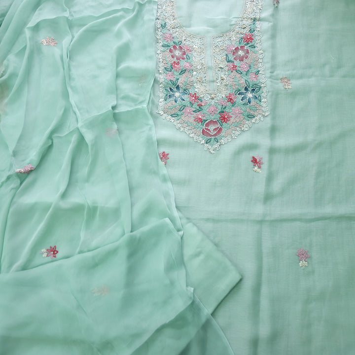 Roobi Mint Green Hand Chikankari Work Semi Georgette Kota Doriya Suit Set