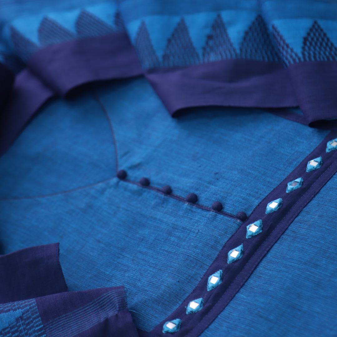 Sanskruti Denim Blue Mirror Work Neck South Cotton Temple Hem Suit Set