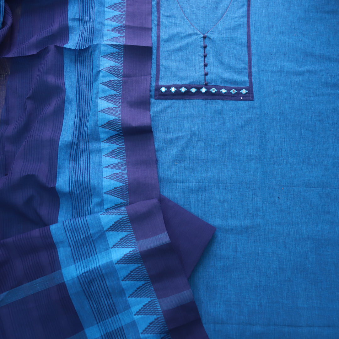 Sanskruti Denim Blue Mirror Work Neck South Cotton Temple Hem Suit Set