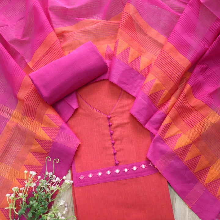 Sanskruti Orange Mirror Work Neck South Cotton Temple Hem Suit Set
