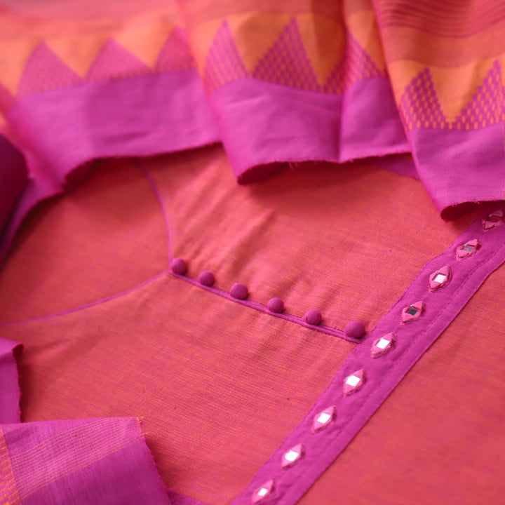 Sanskruti Orange Mirror Work Neck South Cotton Temple Hem Suit Set