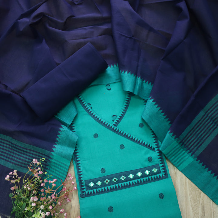 Sanskruti Sea Aqua Blue Long Angrakha Style South Cotton Temple Hem Suit Set