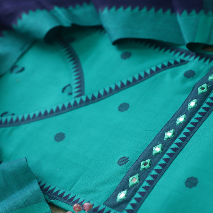 Sanskruti Sea Aqua Blue Long Angrakha Style South Cotton Temple Hem Suit Set