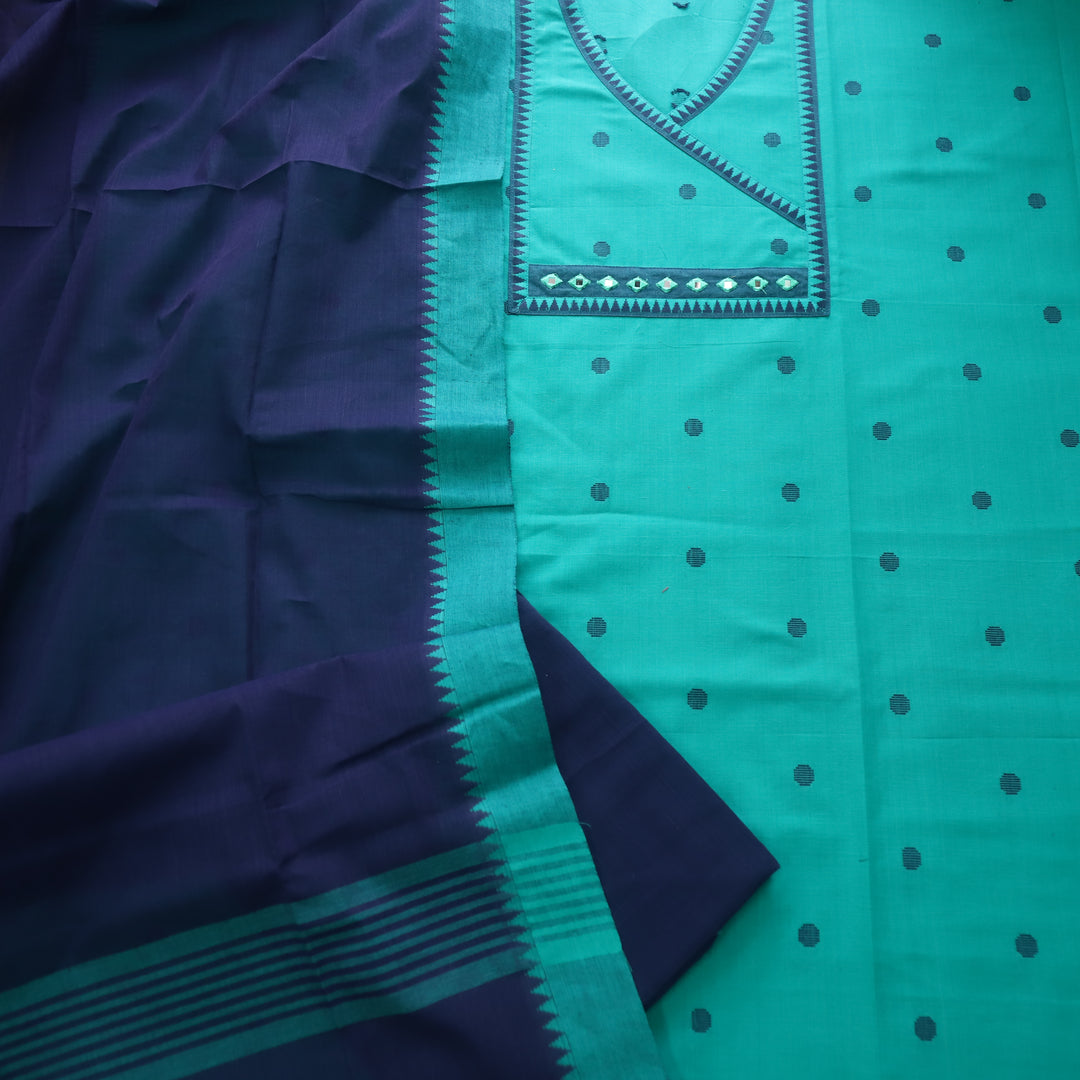 Sanskruti Sea Aqua Blue Long Angrakha Style South Cotton Temple Hem Suit Set