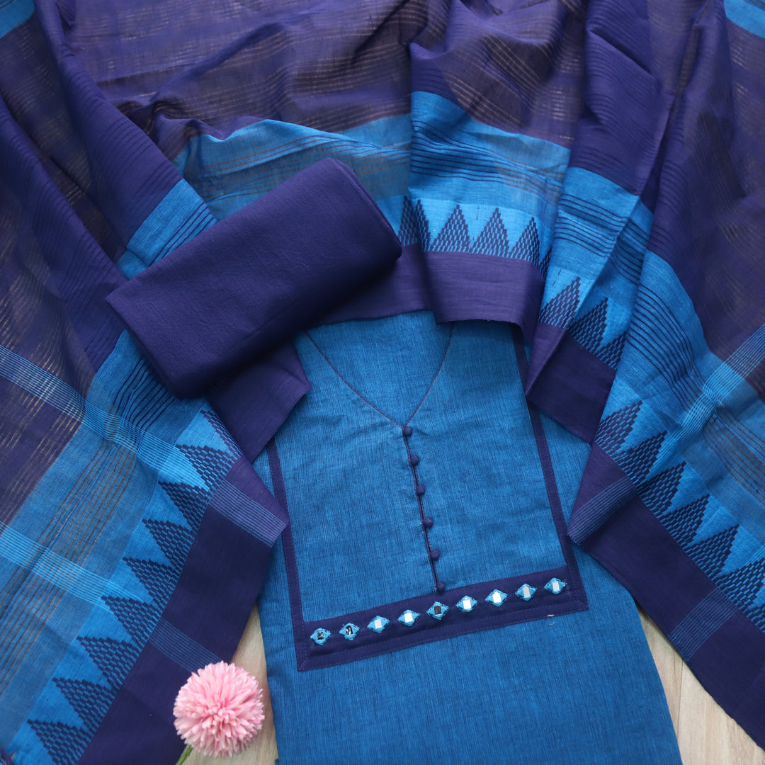Sanskruti Denim Blue Mirror Work Neck South Cotton Temple Hem Suit Set