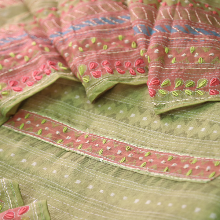 Riwahyaat Peridot Green Digital Printed Kantha Work Chanderi Suit Set