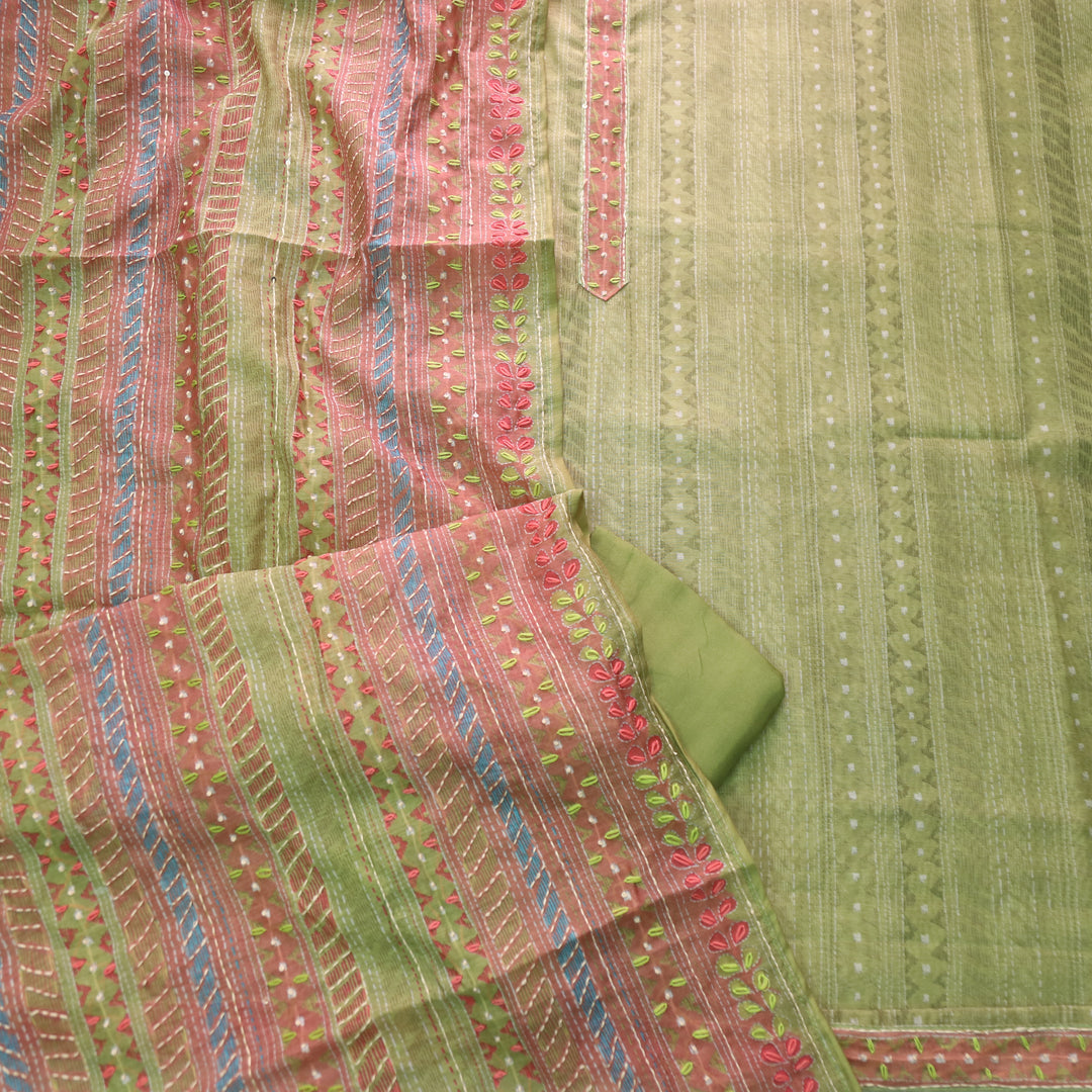 Riwahyaat Peridot Green Digital Printed Kantha Work Chanderi Suit Set