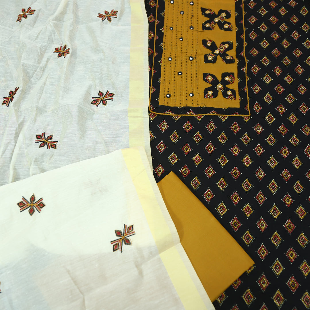 Suroor Dark Black Applique Patch with Mirror Work Yoke on Printed Cotton Set