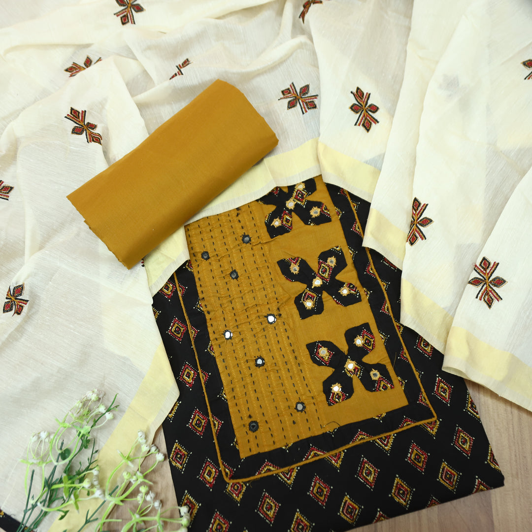 Suroor Dark Black Applique Patch with Mirror Work Yoke on Printed Cotton Set