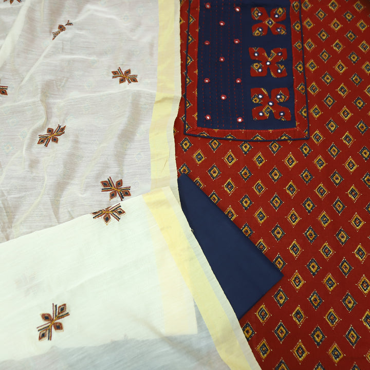 Suroor Cherry Red Applique Patch with Mirror Work Yoke on Printed Cotton Set