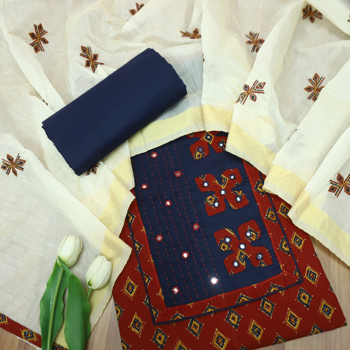Suroor Cherry Red Applique Patch with Mirror Work Yoke on Printed Cotton Set