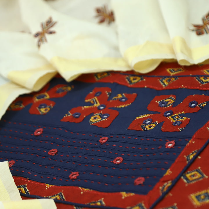 Suroor Cherry Red Applique Patch with Mirror Work Yoke on Printed Cotton Set