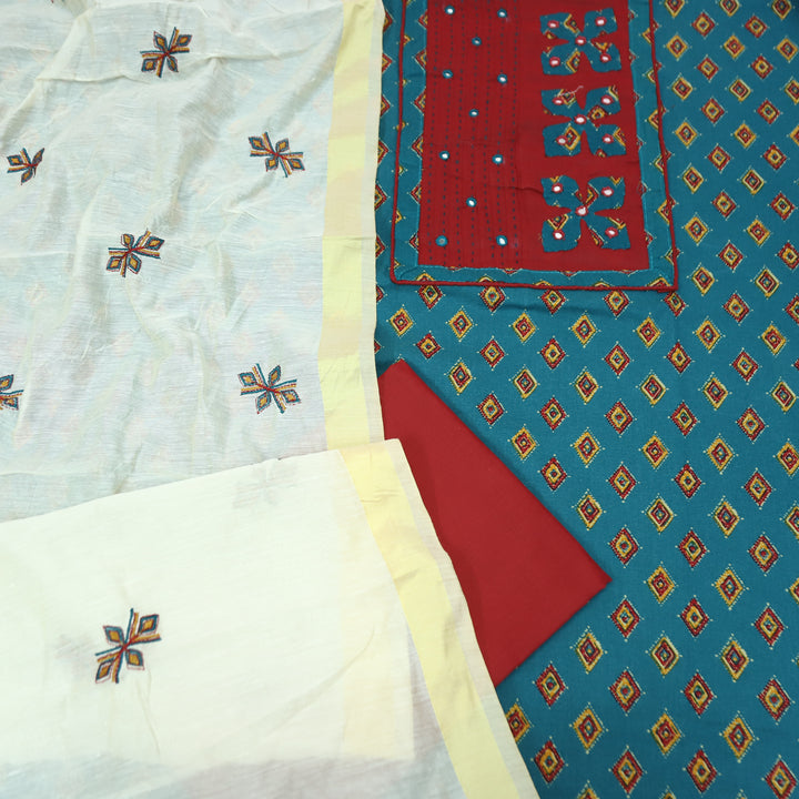 Suroor Cerulean Teal Applique Patch with Mirror Work Yoke on Printed Cotton Set