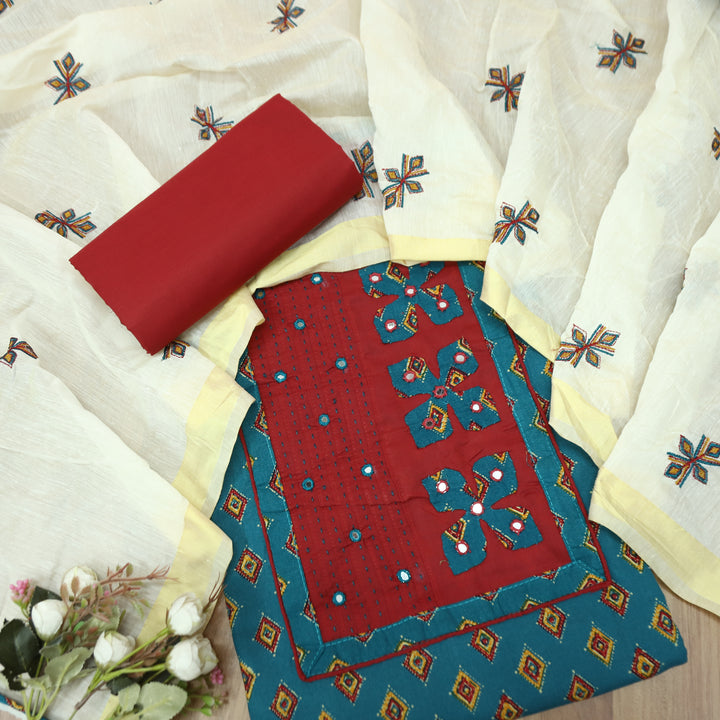 Suroor Cerulean Teal Applique Patch with Mirror Work Yoke on Printed Cotton Set