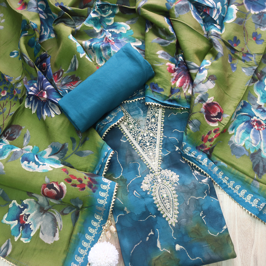 Adaakari Peacock Blue Zari Embellish Neck Work Floral Print Muslin Suit Set