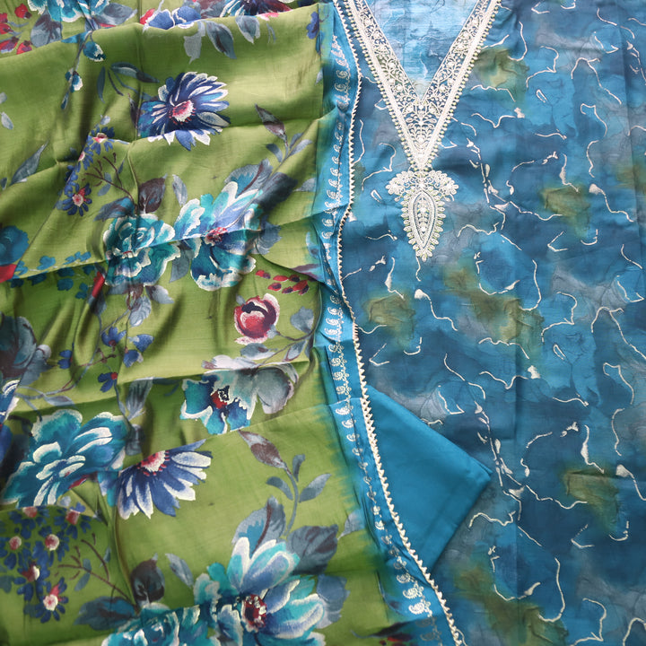 Adaakari Peacock Blue Zari Embellish Neck Work Floral Print Muslin Suit Set