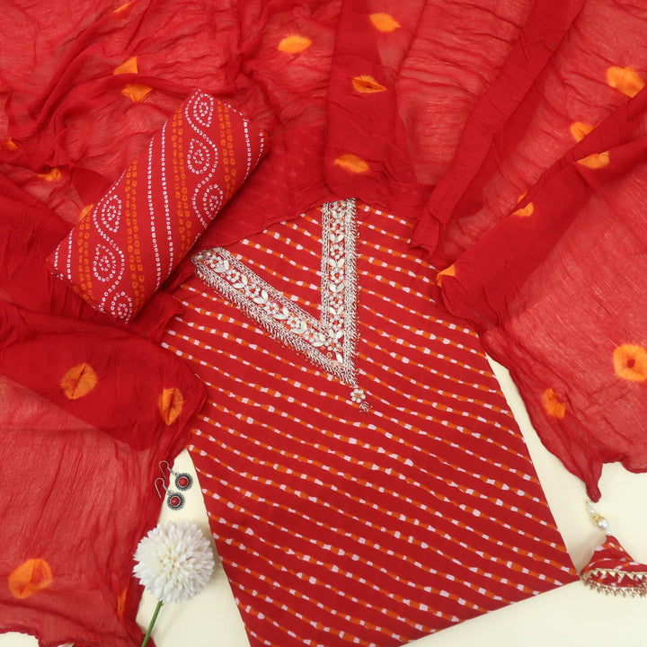 Laazmi Flame Red Embellished V Neck Leheriya Cotton Top With Chiffon Dupatta Set