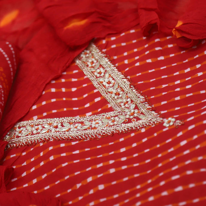 Laazmi Flame Red Embellished V Neck Leheriya Cotton Top With Chiffon Dupatta Set