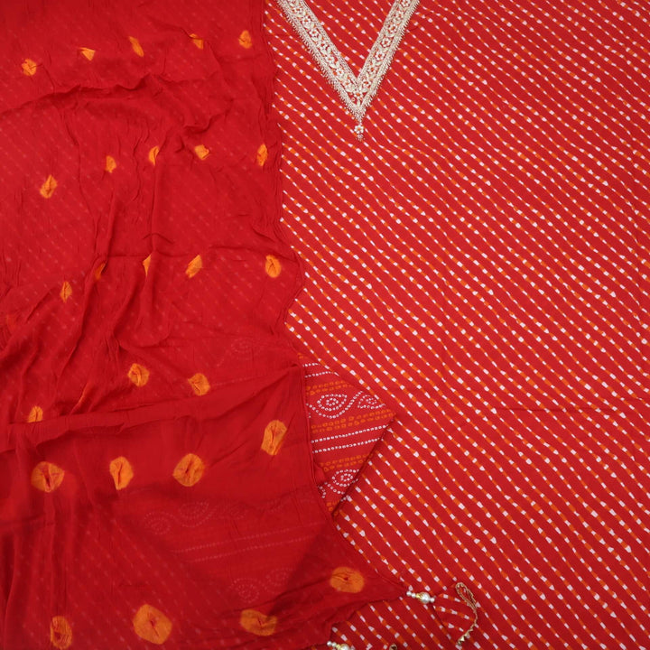 Laazmi Flame Red Embellished V Neck Leheriya Cotton Top With Chiffon Dupatta Set