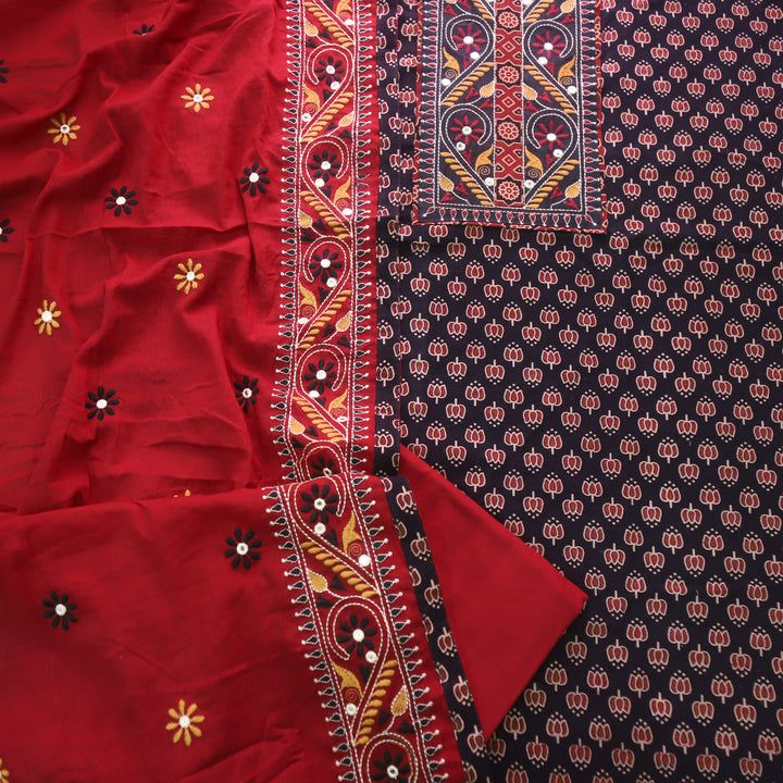 Pardesiya Sable Black Kutch Patch Neck Work Printed Cotton Suit Set