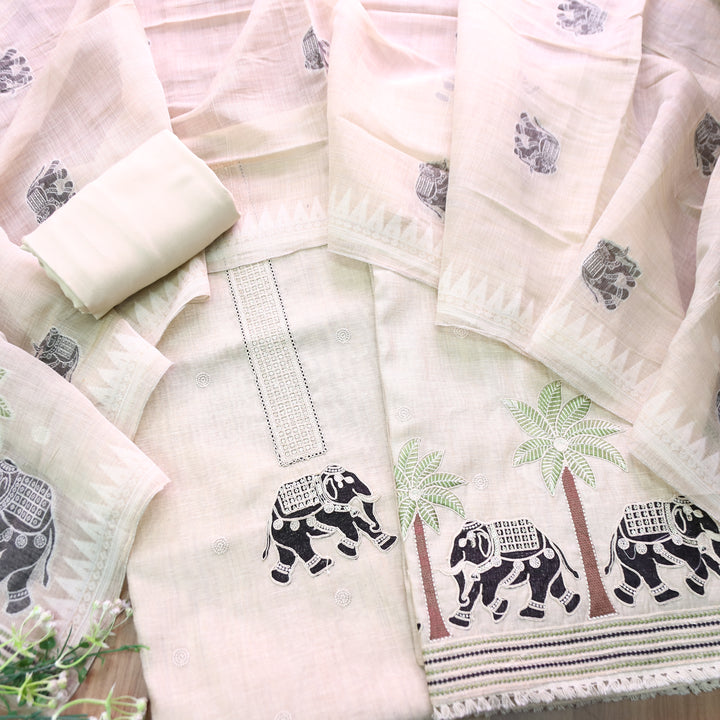 Ambarsari Skin Beige with Black Elephant Embroidered Work Chanderi Suit Set