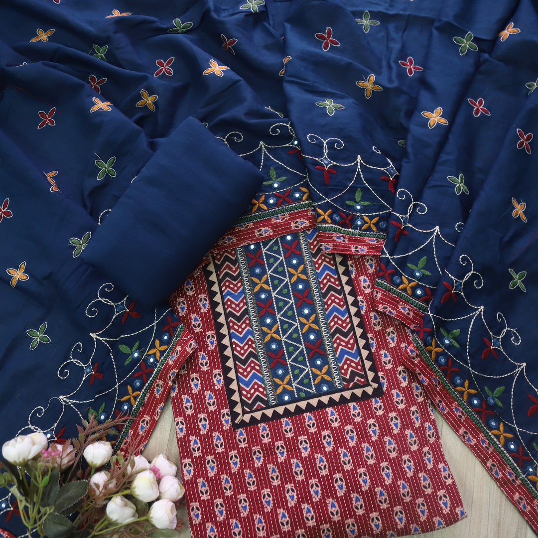 Chandni Wine Red Running Stitch Kutch Patch with ajrak Printed cotton Suit