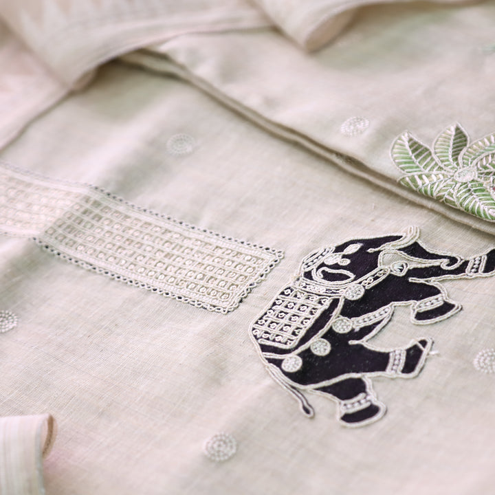 Ambarsari Skin Beige with Black Elephant Embroidered Work Chanderi Suit Set