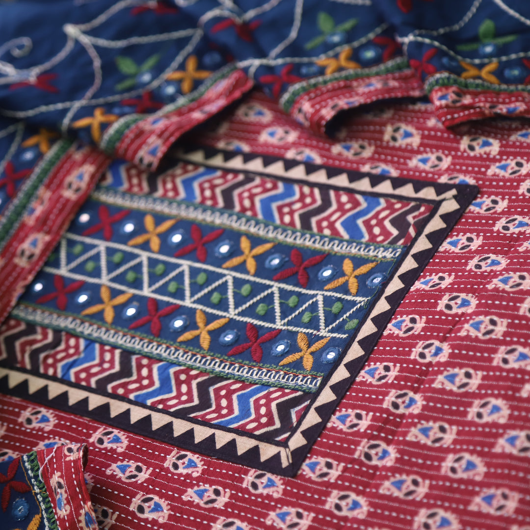 Chandni Wine Red Running Stitch Kutch Patch with ajrak Printed cotton Suit