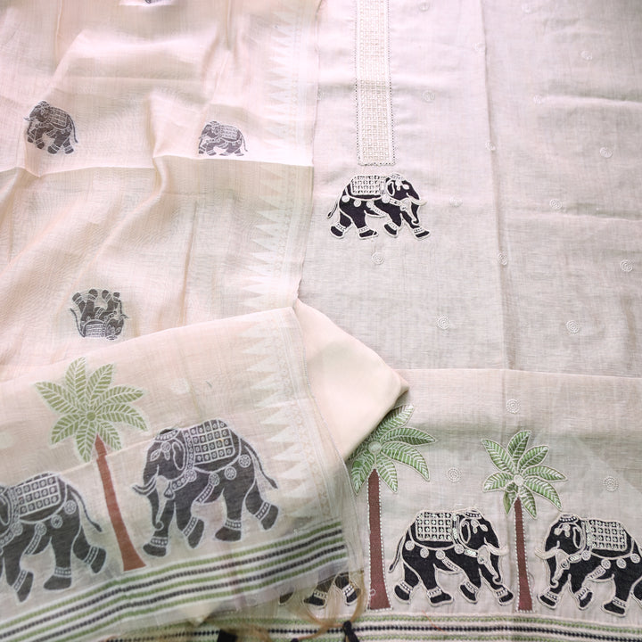 Ambarsari Skin Beige with Black Elephant Embroidered Work Chanderi Suit Set