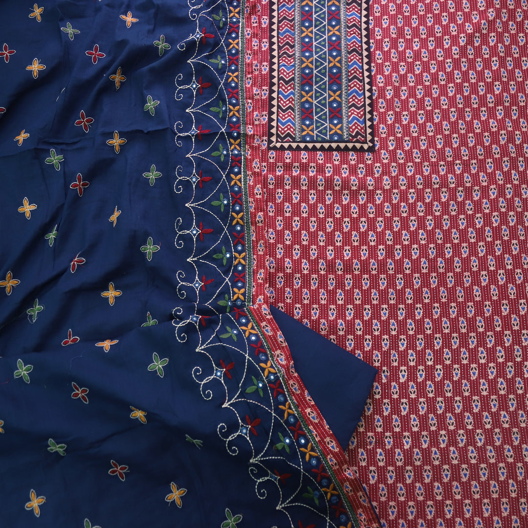 Chandni Wine Red Running Stitch Kutch Patch with ajrak Printed cotton Suit